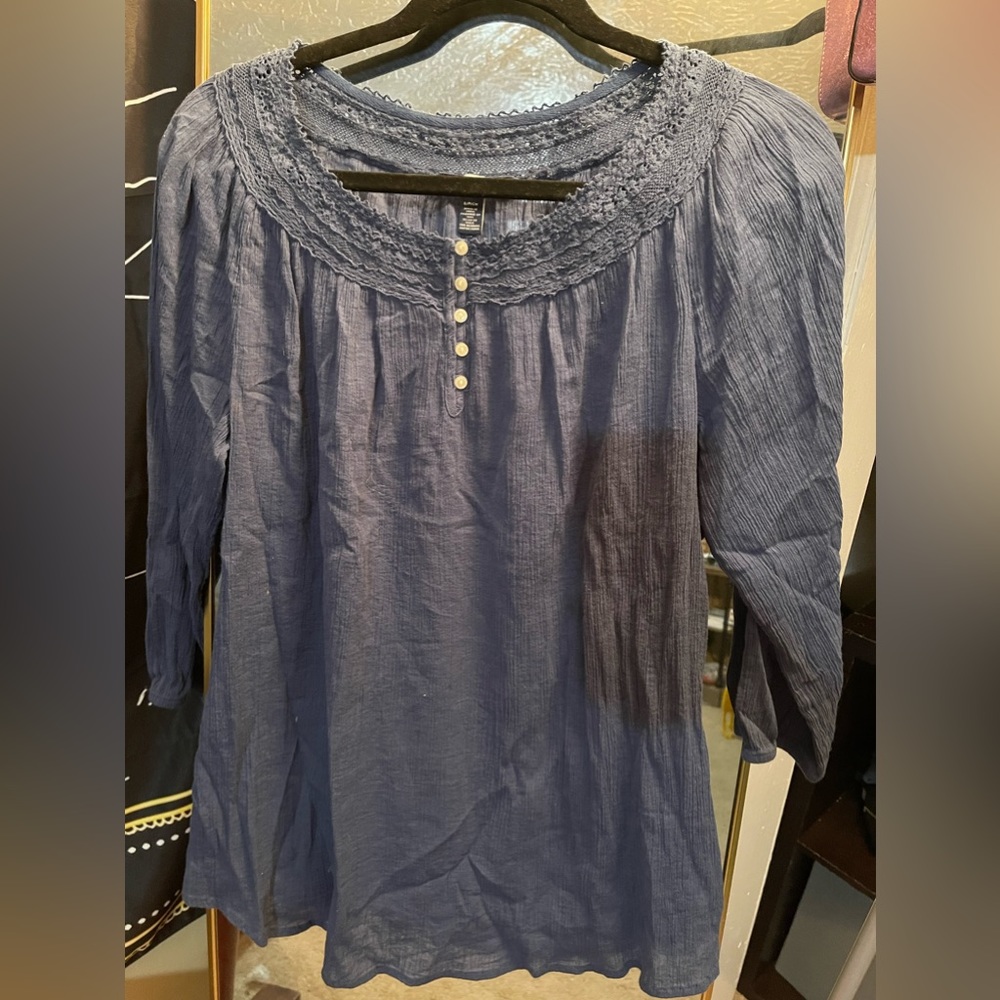 Chaps - 100% Cotton Navy Blouse with Lace Trim - S